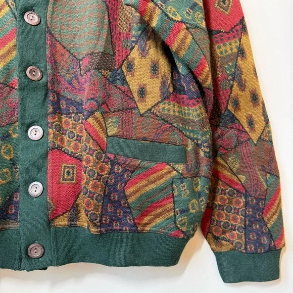 Patchwork pattern knit oversized cardigan wool blend pockets multicolor vintage - Picture 5 of 10